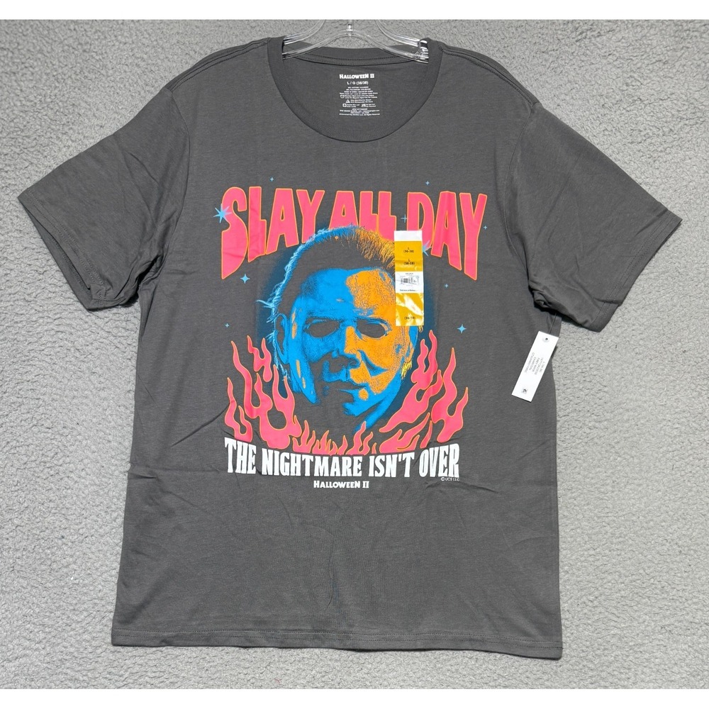 NEW Mad Engine Halloween Michael Myers Fiery Mask Slay All Day t-shirt Mens L